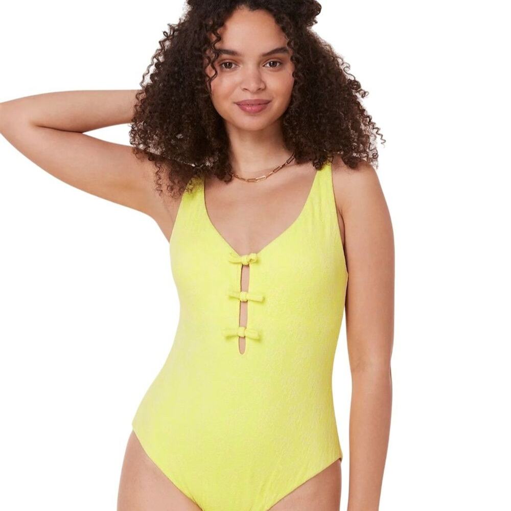 NWOT Sample Andie Swim Mana Swimsuit Size Small Yellow Limeade Floral Lace 2655
